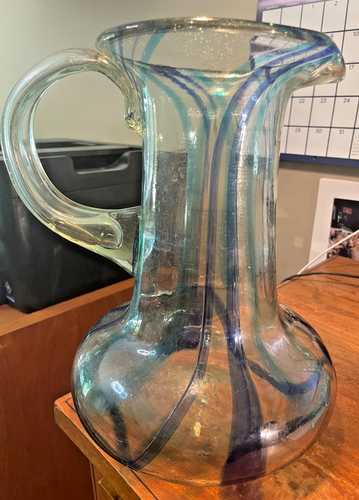 Vintage Mexican Hand-Blown Glass Pitcher with Handle Cobalt Blue Swirls 10.5"