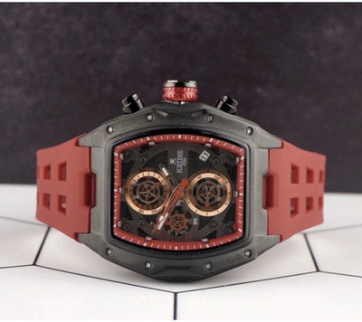 ICETIME IT23 Men s Quartz Tonneau Analog Watch Date Red Rubber Strap Box