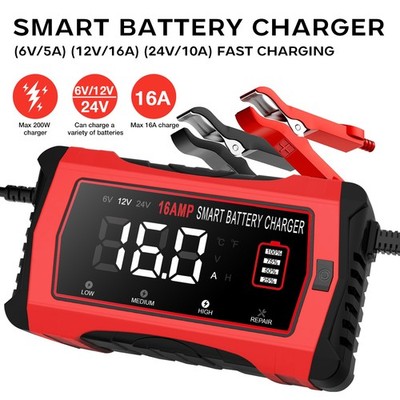16 Amp Smart Battery Charger, 6V 12V 24V Lithium LiFePO4 Lead Acid Maintainer US