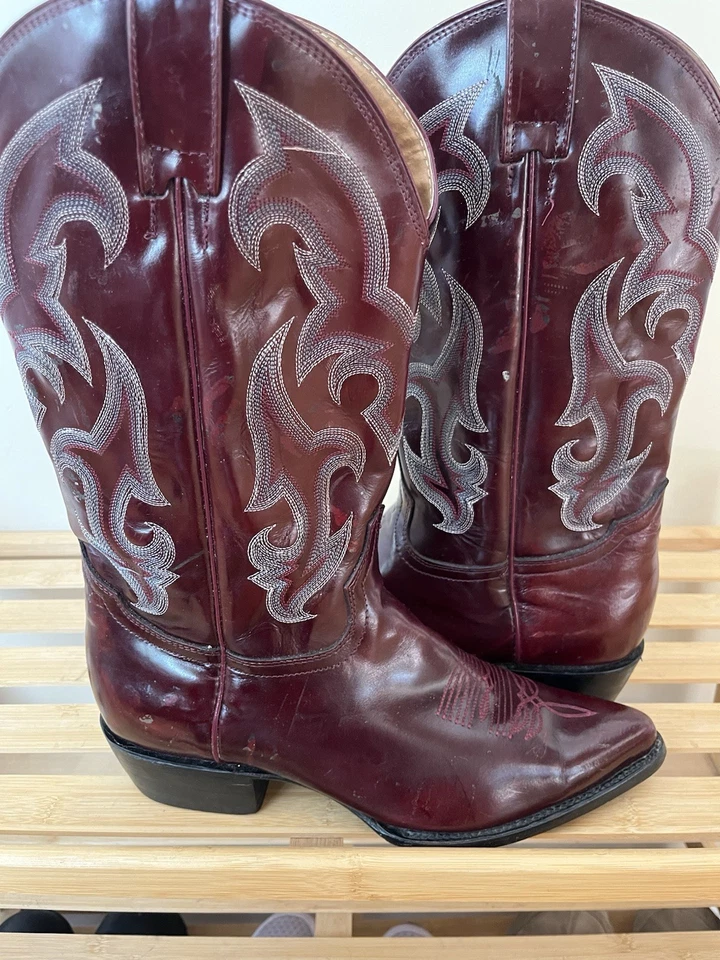 Botas occidentales borgoña para hombre de cuero liso ropa de rodeo vaquero punta redonda botas 9,5 Foto 4 de 4