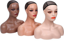 Realistic Female Mannequin Head with Shoulders for Display, Dark Brown