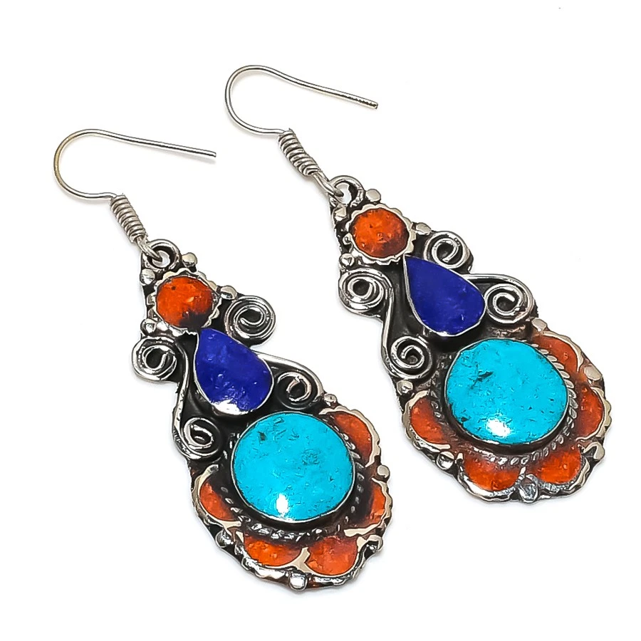 Boucles D'oreilles Zuni Argent Sterling, Corail, Malachite, Turquoise - Pendantes, Occasion Excellente Condition