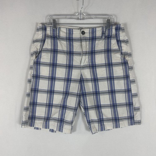American Eagle Classic Longboard Shorts Mens 33 White Blue Plaid Flat Front AEO - Picture 1 of 9