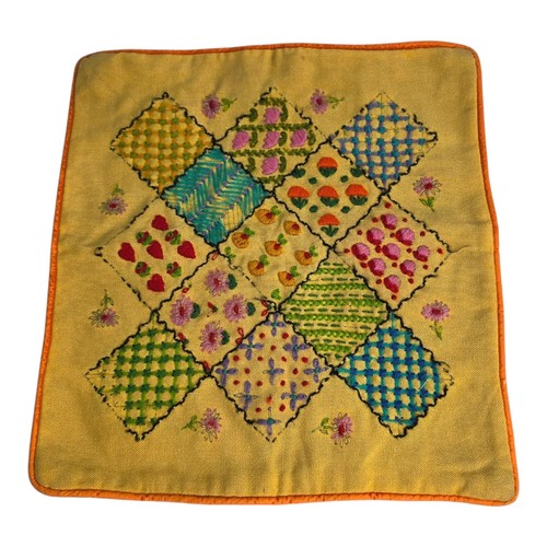 Vintage Handmade Floral Crewel Throw Pillow Cover Zipper Closure MCM Kitschy