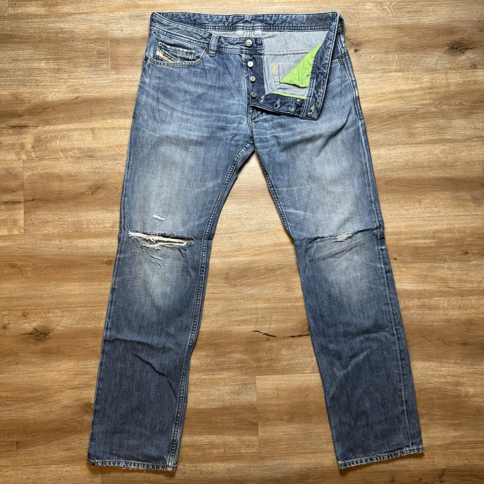 Jeans Diesel Hombres 36x34 Azul Safado Ajustado Pierna Recta Rasgado Rockstar Algodón Y2K Foto 2 de 4