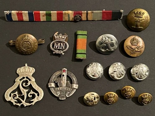 Lot Vintage Military Badges Buttons Sweetheart Brooch WW2 CD Navy Belgian Guards