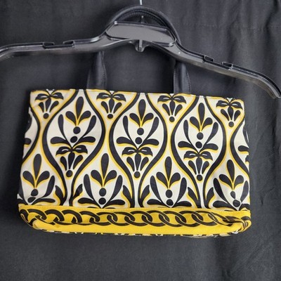 Talbots Tote Bag Black Leather Handles Geometric Print Yellow Trim