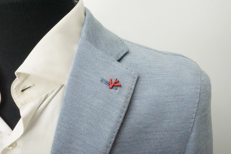 Chaqueta Abrigo Deportivo G1N con Etiquetas Isaia Napoli Azul Blanco Tejido Mezcla Algodón 42R Foto 4 de 4