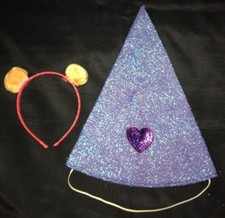 2 pc GIRLS HALLOWEEN ACCESSORIES BLUE WIZARD PRINCESS HAT HEART HEADBAND POM POM