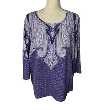 Collections Etc Blouse XXL Purple Two Tone Sequins 3/4 Sleeve Granny Core