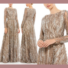 NWT$798 Mac Duggal [ 14 ] 79261 Sequin Long Sleeve Bateau A-Line Gown Mocha J300