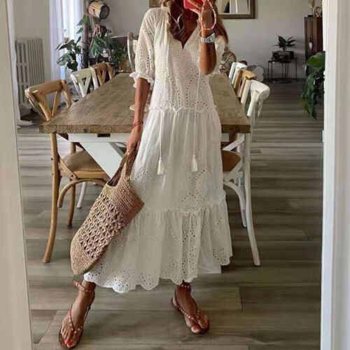 Langes Sommerkleid Damen Sommer Boho Spitze V-Ausschnitt Freizeit Urlaub - Bild 1 von 7