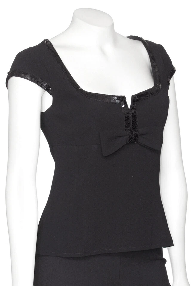 Nanette Lepore Black Tailored Cap Sleeve Top Blouse Shirt w/ Sequin Trim sz M - Image 4 of 4