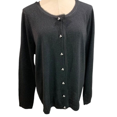 2X Talbots Woman New Black Sparkle Metallic Silver Button Cardigan Lightweight W - Picture 2 of 9