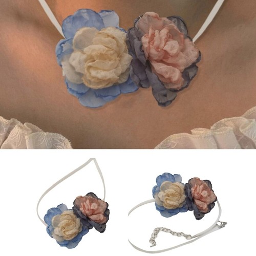 Simple Double Flowers Choker Necklace Sweet Collar Necklace Wedding Jewelry - Picture 2 of 12