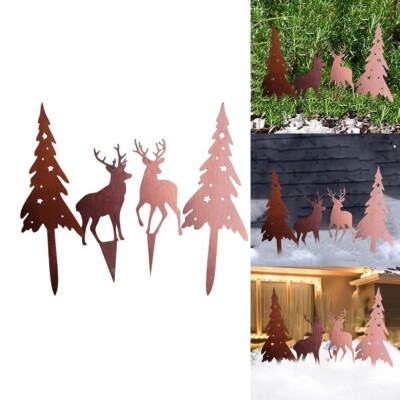 Rost geschm��ckter Weihnachtsbaum und Hirsch Weihnachtsdeko 4 St��ck Rostkunst