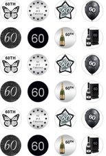 24 x PRECUT 60TH BIRTHDAY SILVER/60 YEAR OLD RICE/WAFER PAPER CUP CAKE TOPPERS