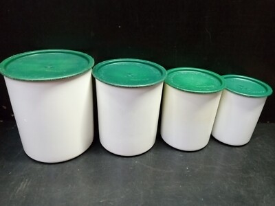 4 Tupperware One Touch Nesting Canisters Set w/ Green Lids 2416 2418 2420 2422