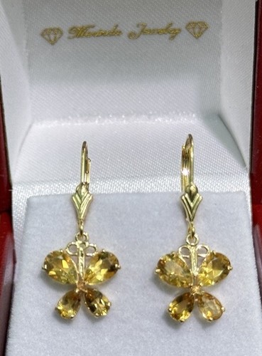 14k Solid Gold Lever Back Butterfly Dangle Earrings, Natural Citrine 1.71 Grams - Picture 6 of 6