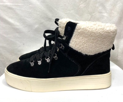 Marc Fisher Women Black Leather Sherpa Casual Winter Lace Ankle Boots Sz 9.5