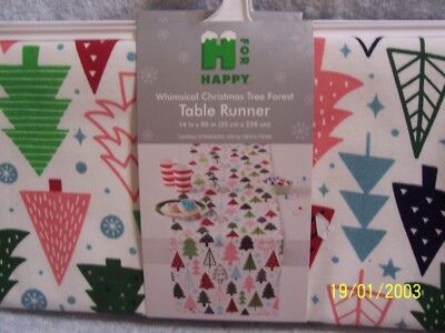 H For Happy Whimsical Christmas Tree Forest Table Runner 14'' X 90'' New
