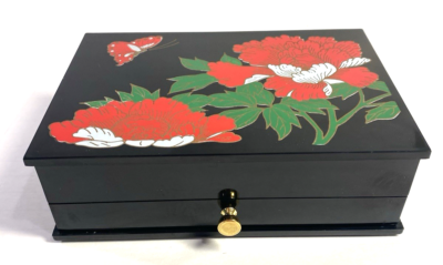 Vintage Asian Inspired Jewelry Box Plastic Mirrored Tiered w