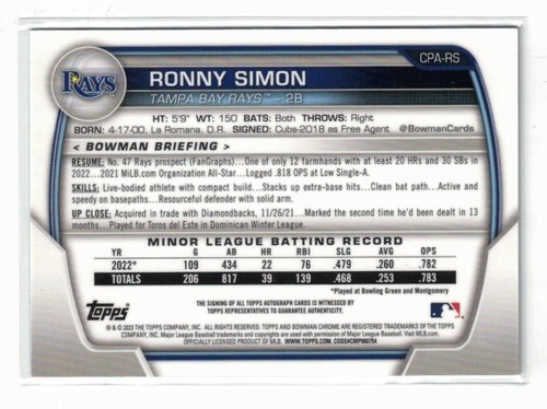 2023 1st Bowman Chrome GOLD Shimmer RC AUTO Ronny Simon! Rookie! Autograph! /50 - Picture 2 of 2