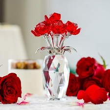 Red Crystal Rose Flower Figurine with Base,Glass Flower Bouquet Gifts for Wom...