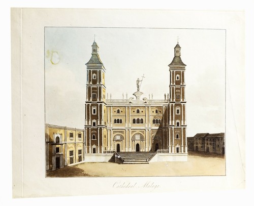 1800c- Cathedral of Malaga (Spain) - Hand coloured ENGRAVING (01924) - Picture 2 of 2