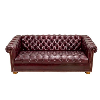 Vintage 1970s Tufted English Chesterfield Style Burgundy Leather Sofa 76''