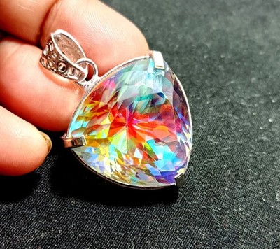 84.50 Ct+Natural Mystic Topaz Trillion Cut 925 Solid Silver Pendant Gemstone