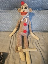 Vintage Handmade Sock Monkey Well Loved Stuffed Plush Button Eyes