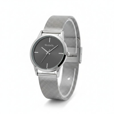 WoMaGe Mens Watch Gray Dial Silver Case Silver Mesh Bracelet Quartz Analog