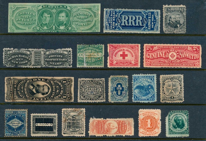 99c START! US Revenue Stamps (18) used, faults, M&M, match and medicine