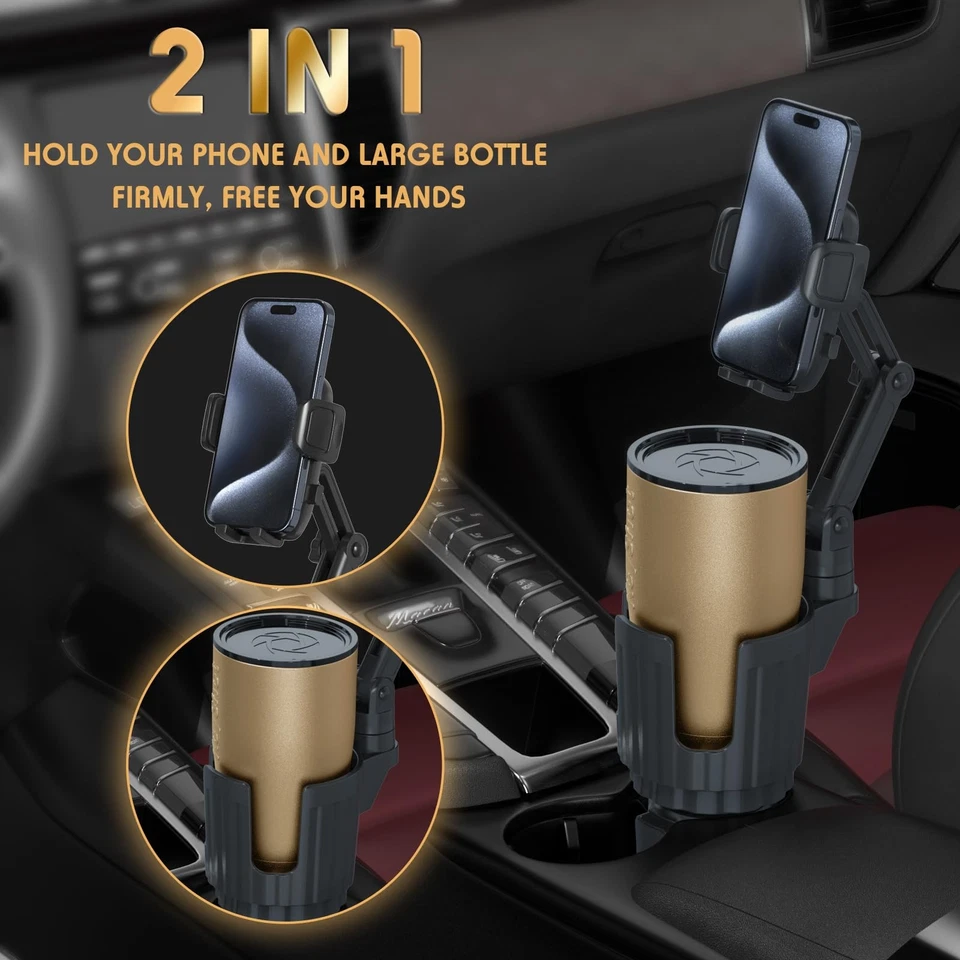 2-in-1 Car Phone Holder Cup Mount Adjustable Base 360° Rotation - Image 3 of 4