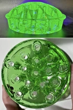 Flower Frog Glass 16 Hole Domed Profile  4" diameter Vaseline Depression