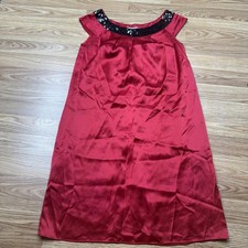 Oleg Cassini Dress Womens 0 Red Silk Sequin Neckline Sleeveless Shift Cocktail