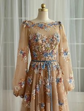A-line Evening Dress Scoop Neck Long Sleeves Sequined Applique Floor Length