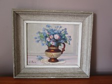 Tableau peinture huile sur panneau Bouquet de Fleurs Cadre en bois signé J. Prin