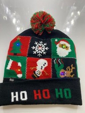 LED Lights Up Christmas Winter Knit Hat Ho Ho Ho Adult Cuff Beanie Santa, Frosty