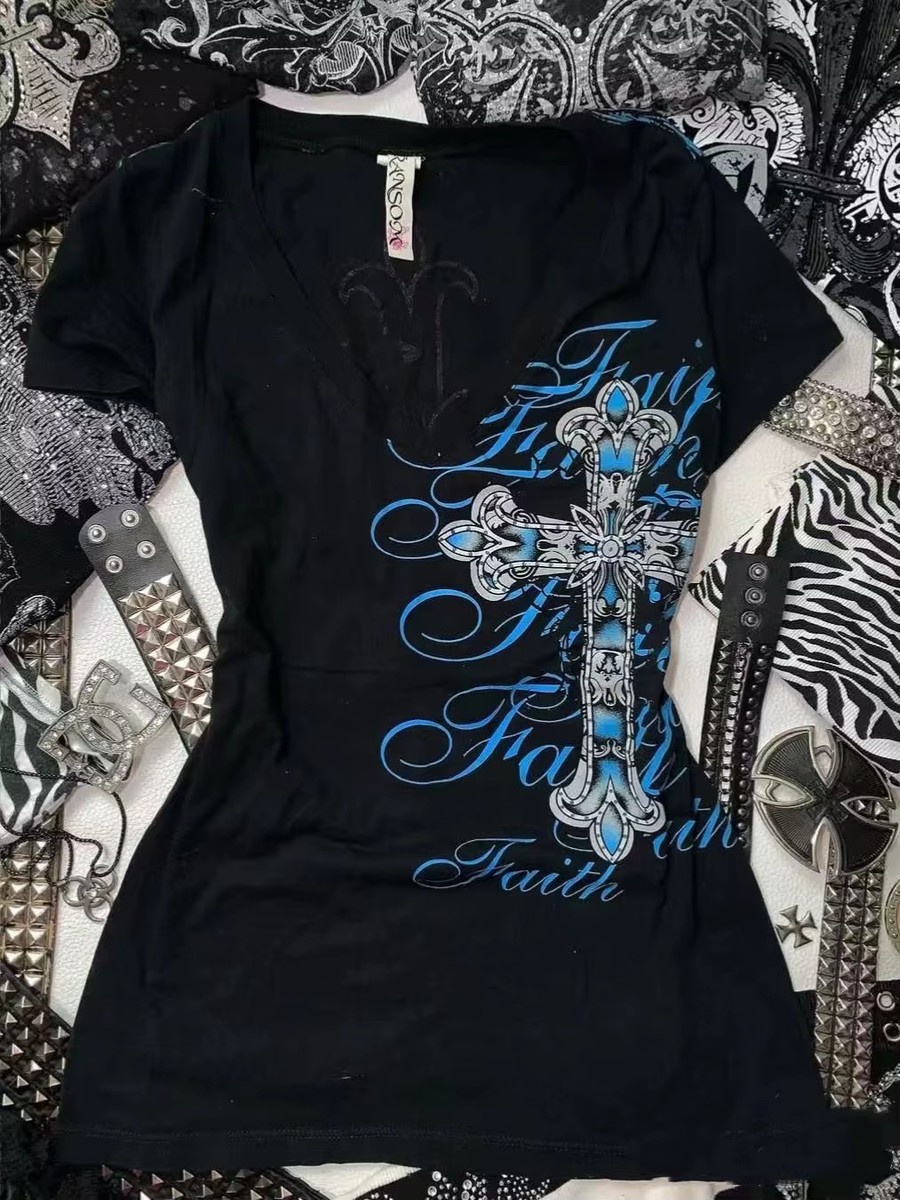 Women Gothic Cross Graphic T Shirt Y2K Faith Streetwear Top | eBay