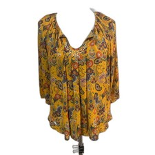Princess Vera Wang Jeweled Studded Blouse Tunic Top Yellow Floral Women Size L