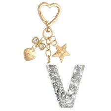Cute Initial Letter Keychain, Letter V Keychains for Women Girls Bling Silver