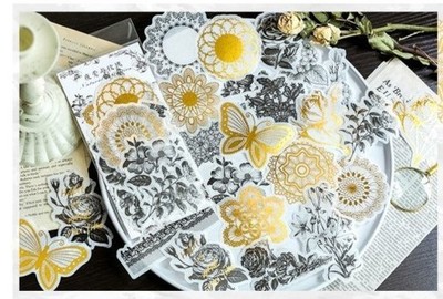 60Pcs Gold Foiled Lace Stickers, Butterfly, Rose, Garden, Bullet Journal