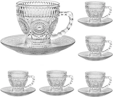 Vintage Glass Tea Cups with Saucers, Glass Mugs 7 Oz Set of 6 Espresso Coffee...