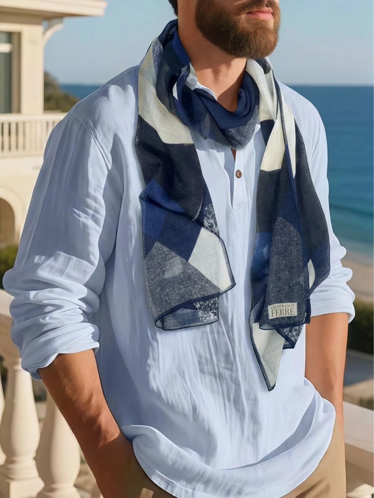 $600 NWT Gianfranco Ferré Black Blue White Silk Wool Scarf Italy 18"X70" C4
