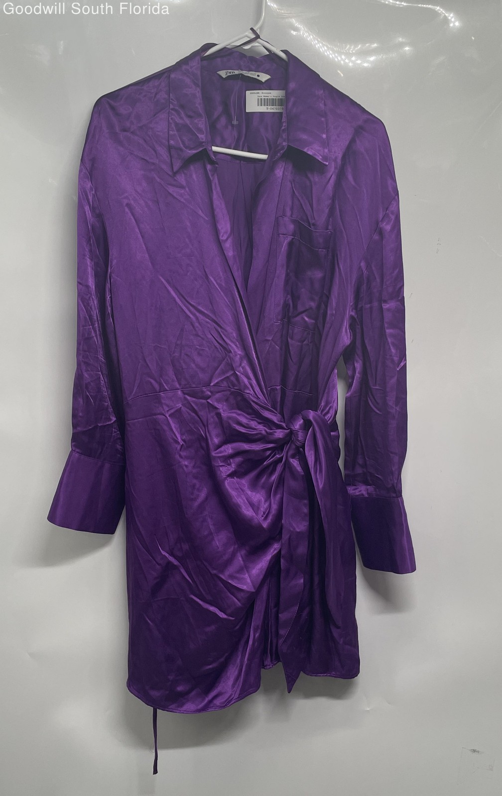 Zara Womens Purple Satin Spread Collar Front Tie Long Sleeve Wrap Dress Size XL