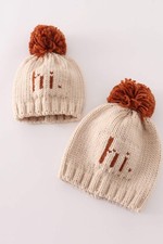 Beige pompom hi cable beanie hat