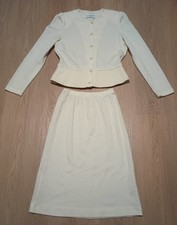 Vtg 70s LESLIE FAY Ivory White Shimmery Knit Skirt Suit Jacket Outfit career XS