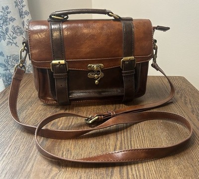 Ecosusi Vintage-Style Vegan Leather Small Briefcase - Two-Tone Brown Finish